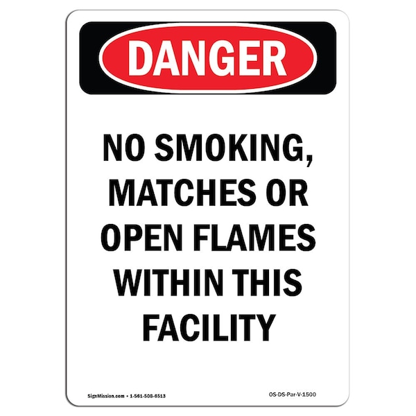 OSHA Sign, Portrait No Smoking W/in This Facility, 18in X 12in Rigid Plastic, 12" W, 18" L, Portrait